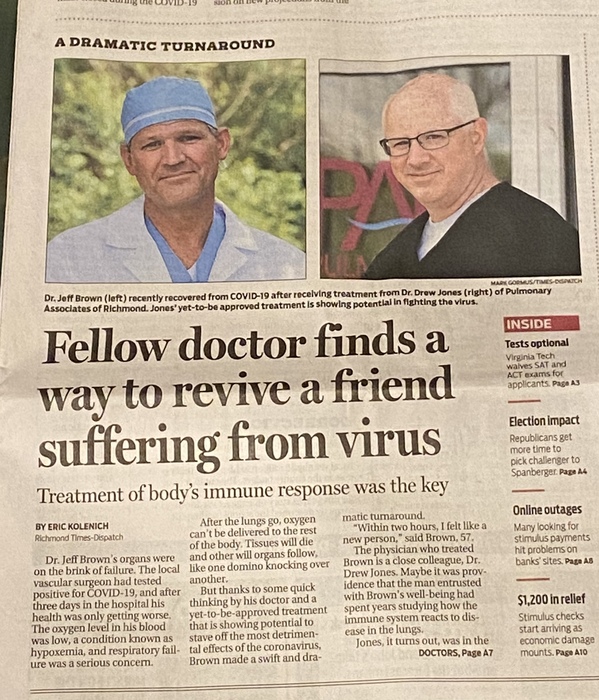 newspaper with headline "fellow doctor finds a way to revive a friend suffering from virus"